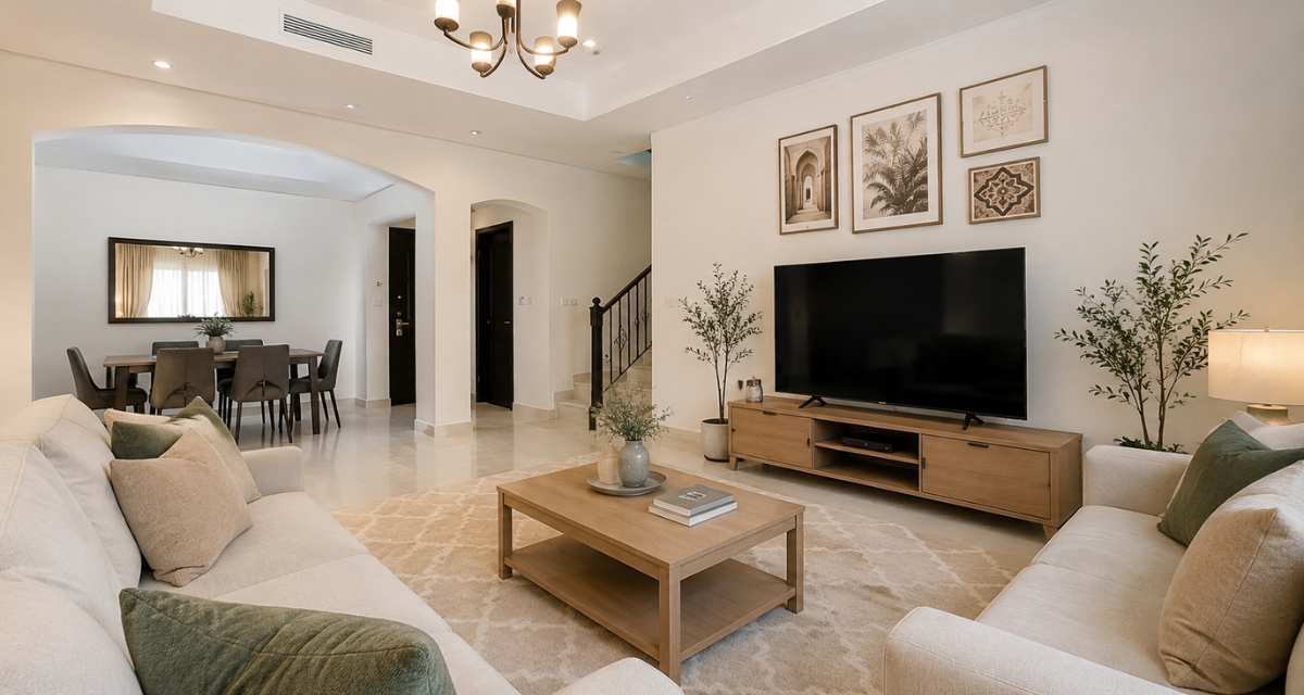 Modern and budget-friendly rental villa interior design Khalifa City Abu Dhabi featuring stylish living room décor, neutral colors, functional furniture, and space-saving interior solutions.
