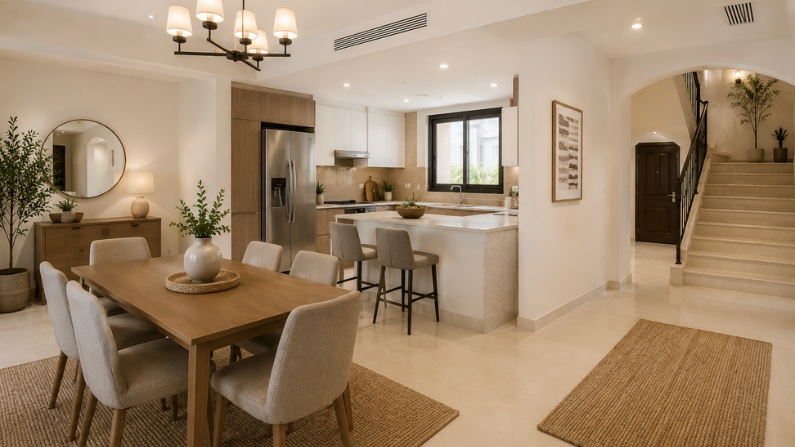Budget-friendly rental villa interior design Khalifa City Abu Dhabi with modern and stylish décor.