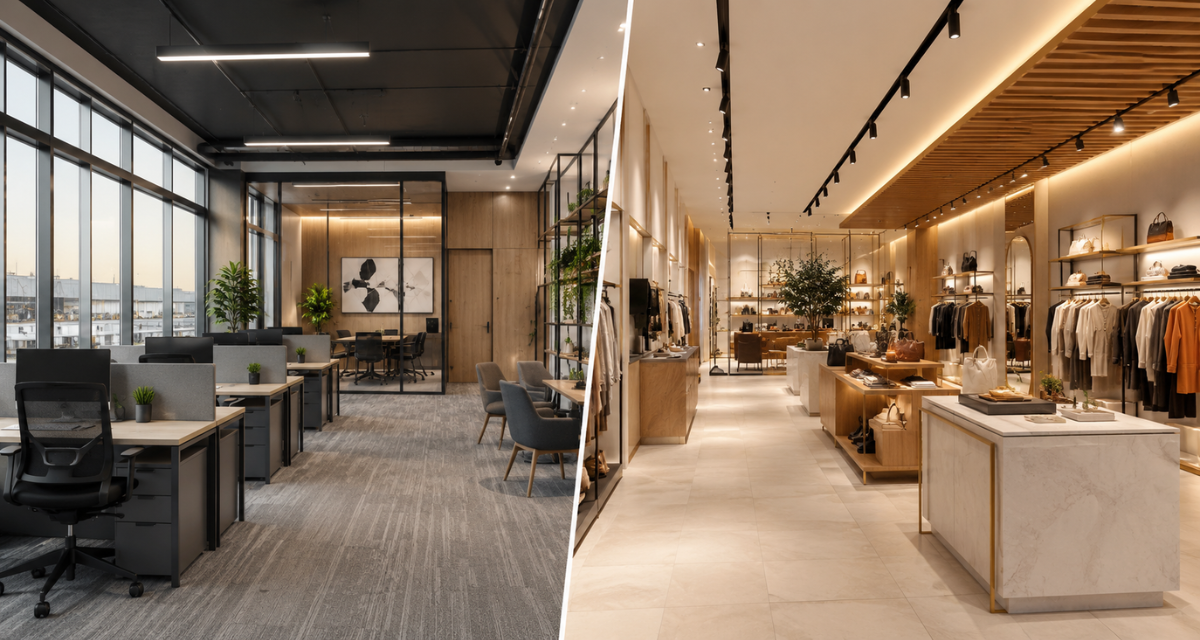 Modern commercial interior showcasing office and retail layouts highlighting Office vs Retail Interior Design in Mussafah Abu Dhabi