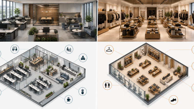 Modern commercial interior showcasing office and retail layouts highlighting Office vs Retail Interior Design in Mussafah Abu Dhabi